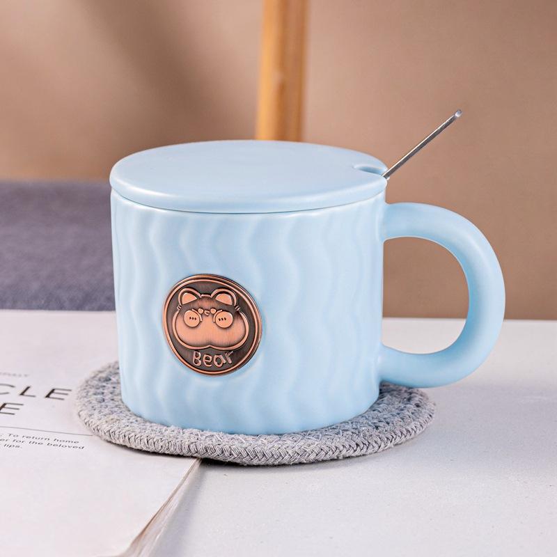 Nordic style ins creative relief wavy ceramic cup with lid household personalized simple coffee cup