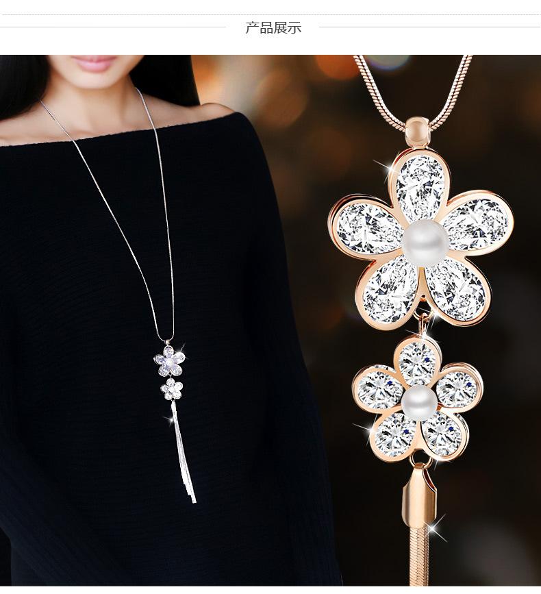Double Flower Zircon Four-Leaf Clover Long Sweater Necklace Fringed Clothes Accessories Pendant K5 розового золота