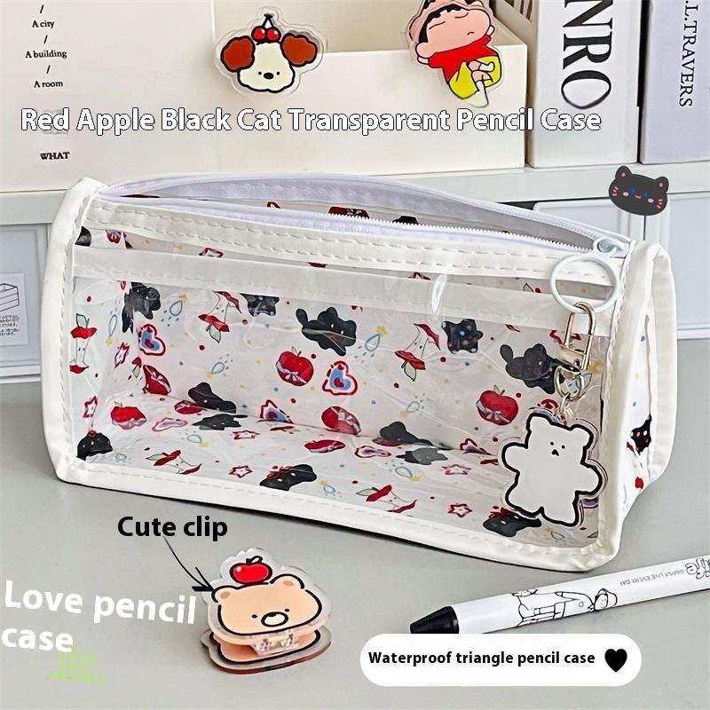 Cute Apple Cat Transparent Pencil Case Creative Pencil Bags Large Capacity Portable Student Stationery Storage Bag School Supply