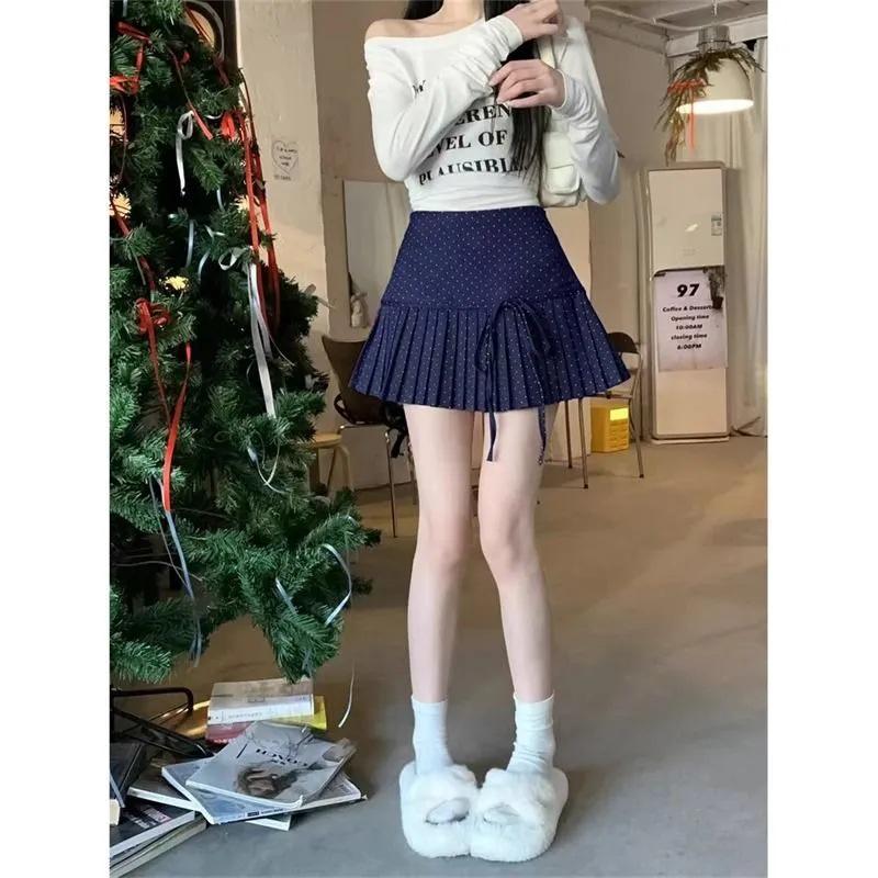 Polka Dot Bow Tie Pleated Mini Skirt with Lace-Up - A-Line, Anti-Exposure, Girlish Summer Design