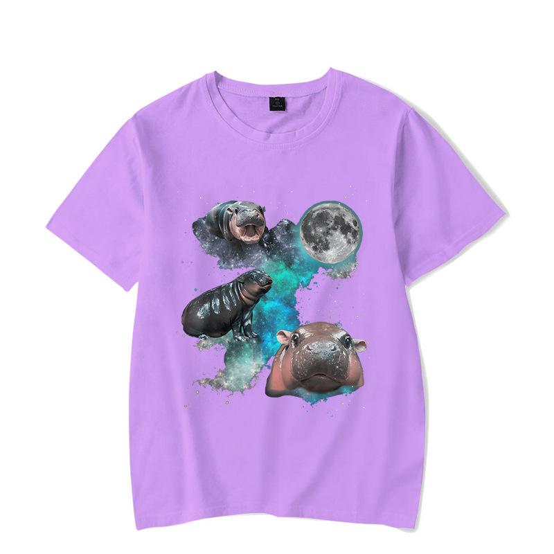 Ladies' Loose Casual Fun Moo Deng Bouncing Pig Print Pure Cotton Short Sleeved Top T-Shirts Women’s