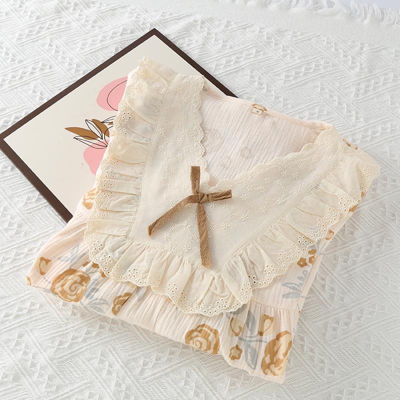 Lace collar nightdress women's spring and autumn summer long-sleeved pure cotton gauze thin sweet princess style home dress can be worn outside