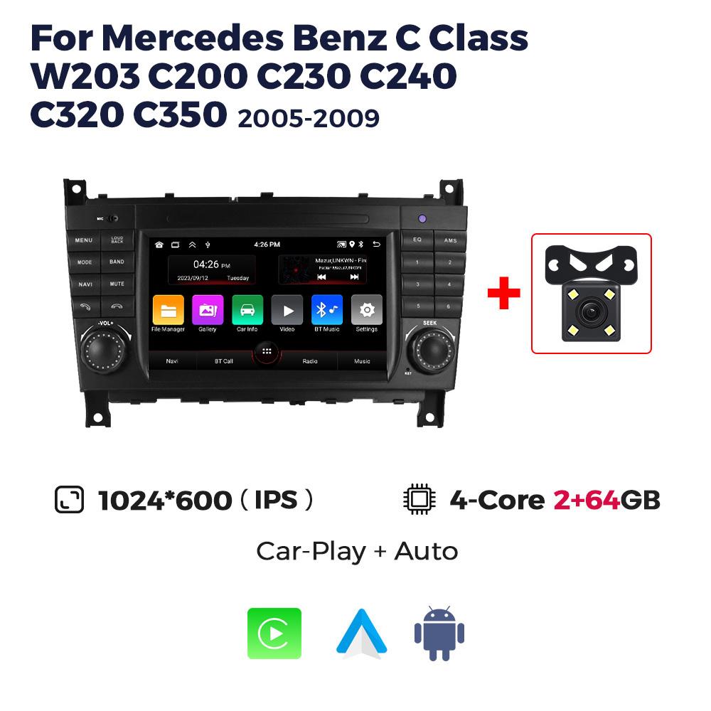 7-inch Android 13 Car Radio Suitable for Mercedes Benz C Class W203 C200 C230 C240 C320 C350 2005-2009 Carplay Auto GPS FM Audio