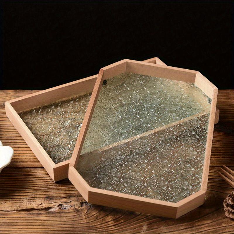 Black/White Square or Octagon 1pc Vintage Wood Crabapple Embossed Glass Desktop Tea tray,Walnut Snack Fruit Household Storage Tray.