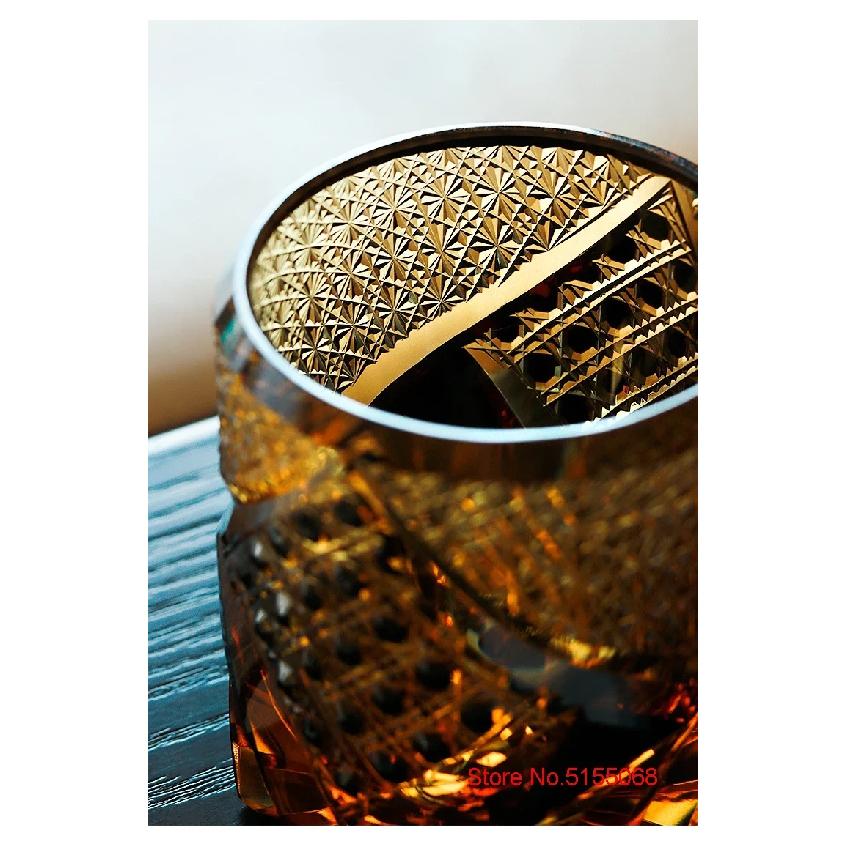Japanese Black Warrior Armor Edo Kiriko Whisky Rock Glass Amber Crystals Whiskey Cup High-end Wine Glass Hand Cut Brandy Snifter