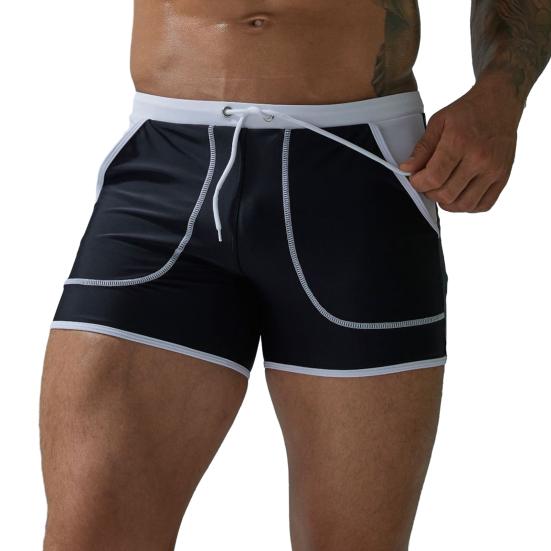 Men Summer Swimming Trucks Mid-rise Drawstring Patchwork Color Pocket Swimming Shorts Quick-Drying Stretch Beach Surfing Shorts