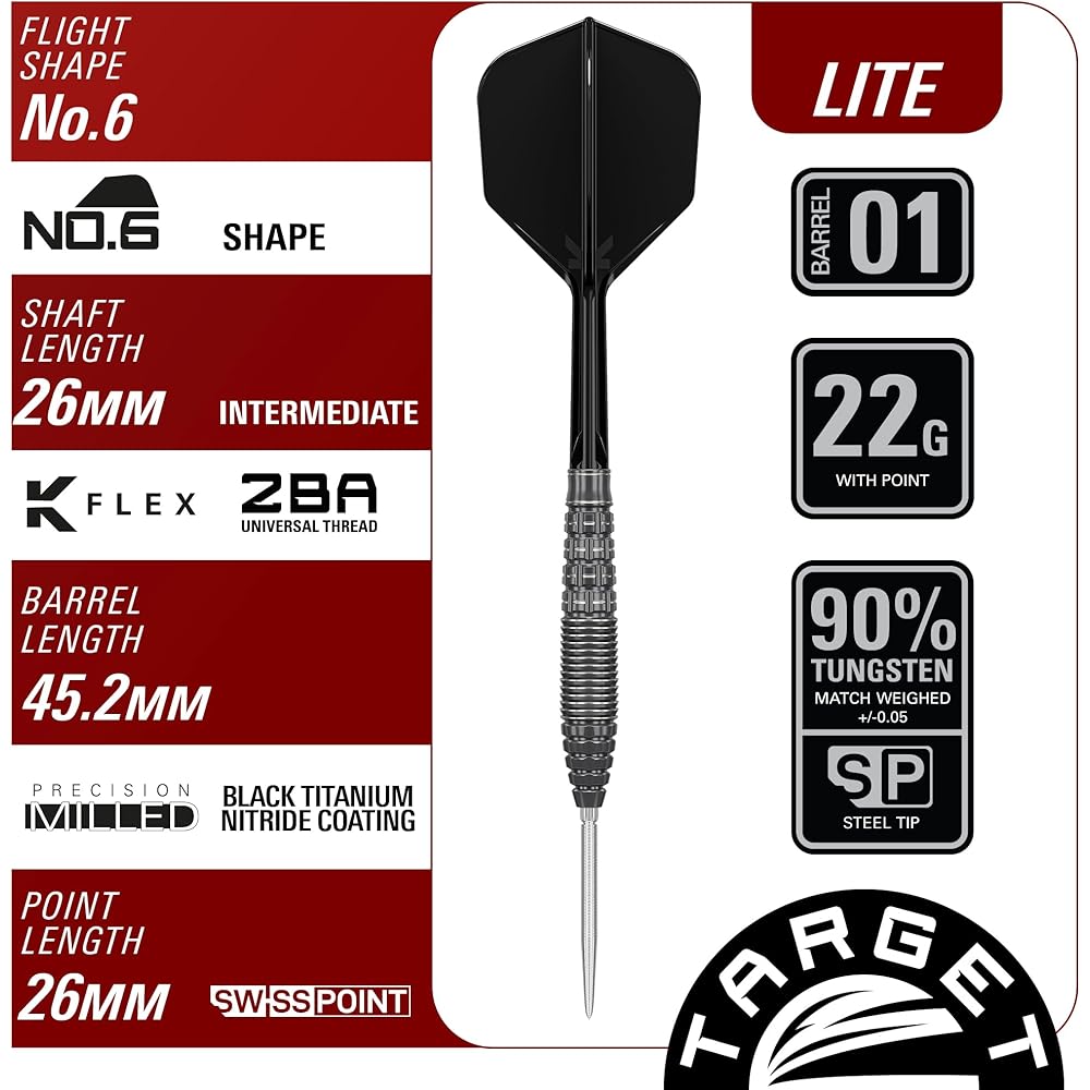 Target Japan BLACK MARQUE LITE PHANTOM 90% SP STEEL TIP DARTS | 90% Tungsten K-Flex Steel Tip Darts Set, 22G | K-Flex No. 6 Shape Flights and Shafts,