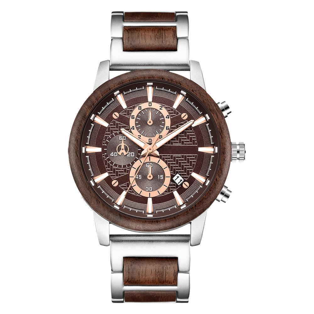 Alloy & Wood Combined Strap Watches Mens Multifunction Chronograph Quartz Calendar Watch Unique Steel Wooden Clock Male Reloj