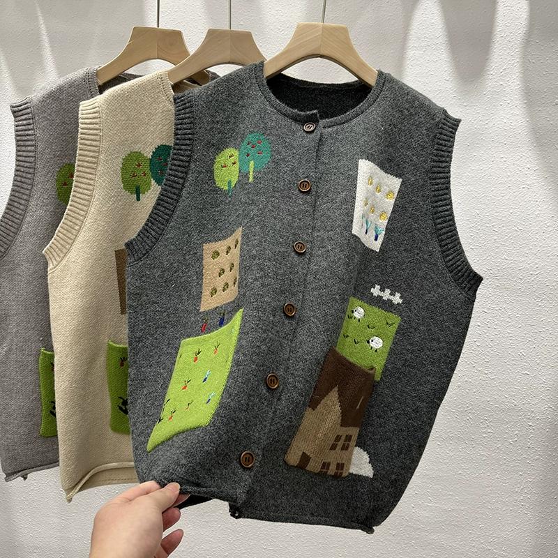 

DIMANAF 2025 Осень Женский Вязаный Жилет Без Рукавов С Принтом Узоров На Пуговицах Оверсайз Повседневный Стиль Свободный Свитер One Size