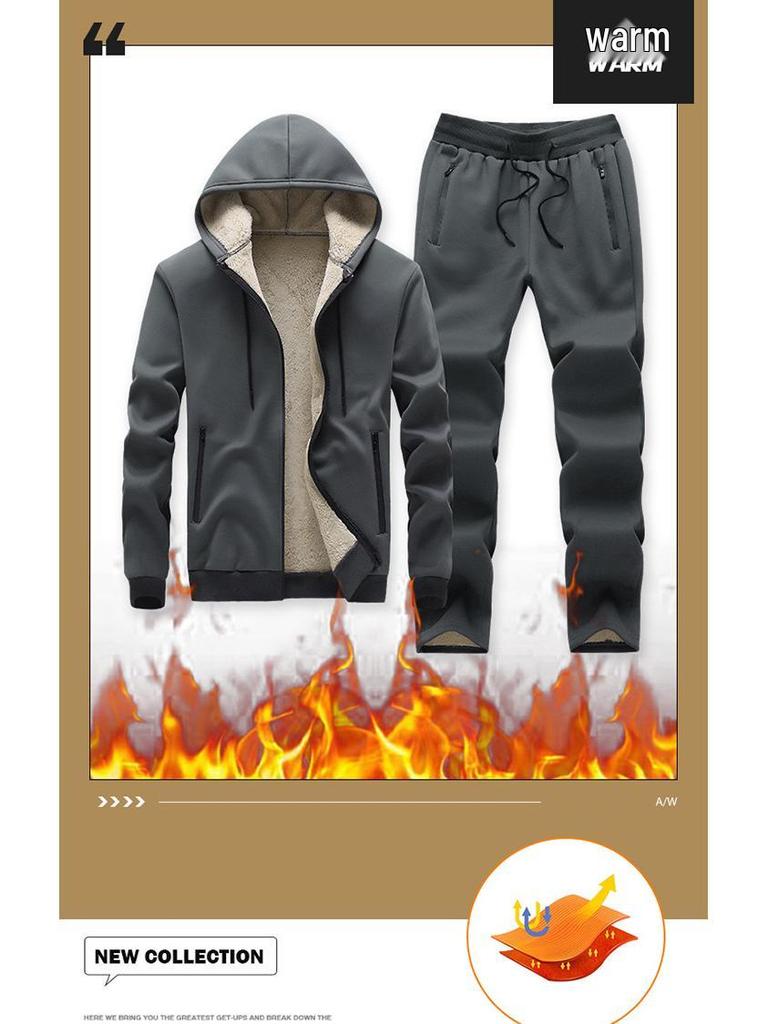 2024 Men's Lambswool Thickened Hoodie and Sweatpants Set for Autumn/Winter