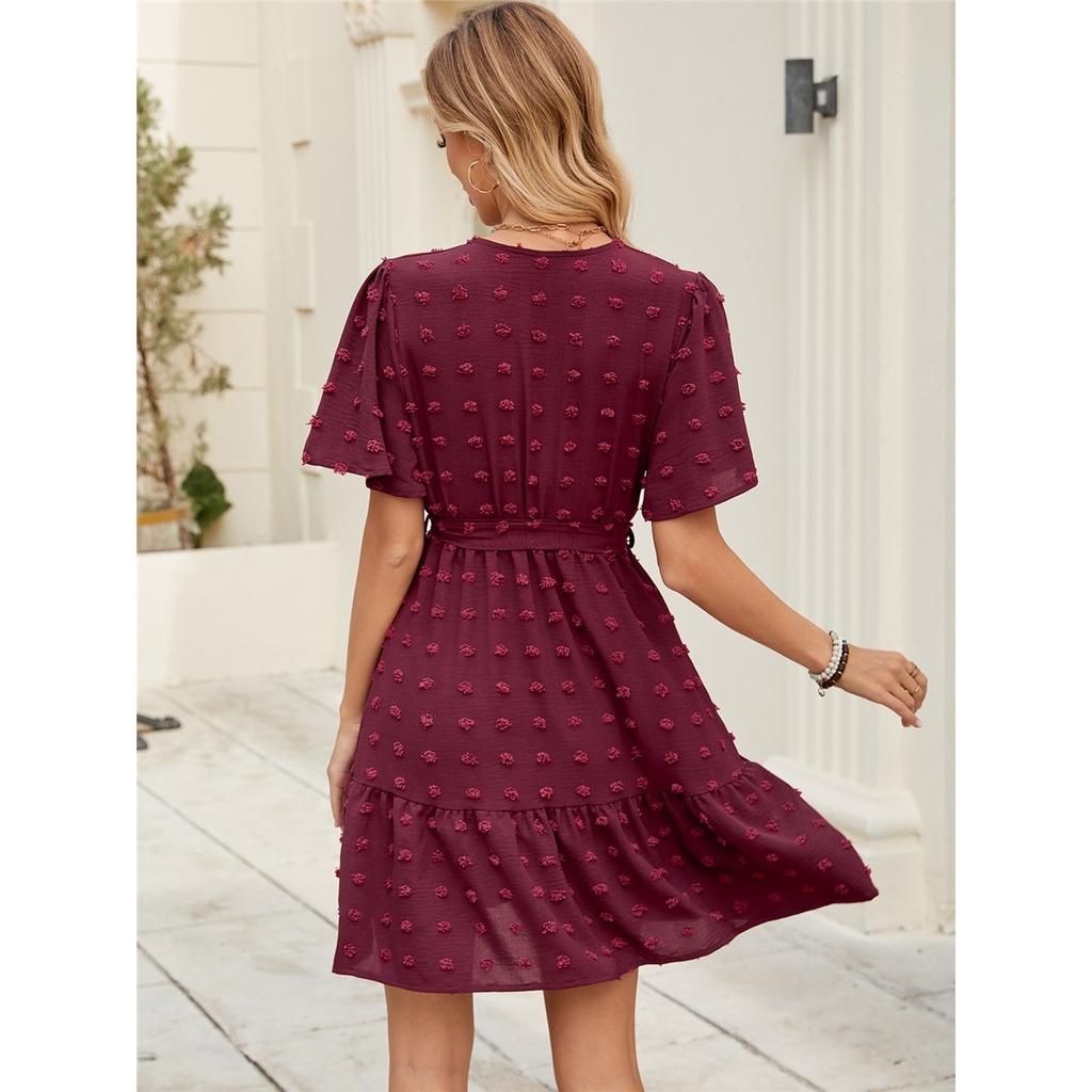Summer New Solid Colour Short-sleeved Dress Women Ruffled Sleeves V-neck Waist Tie Short Skirt