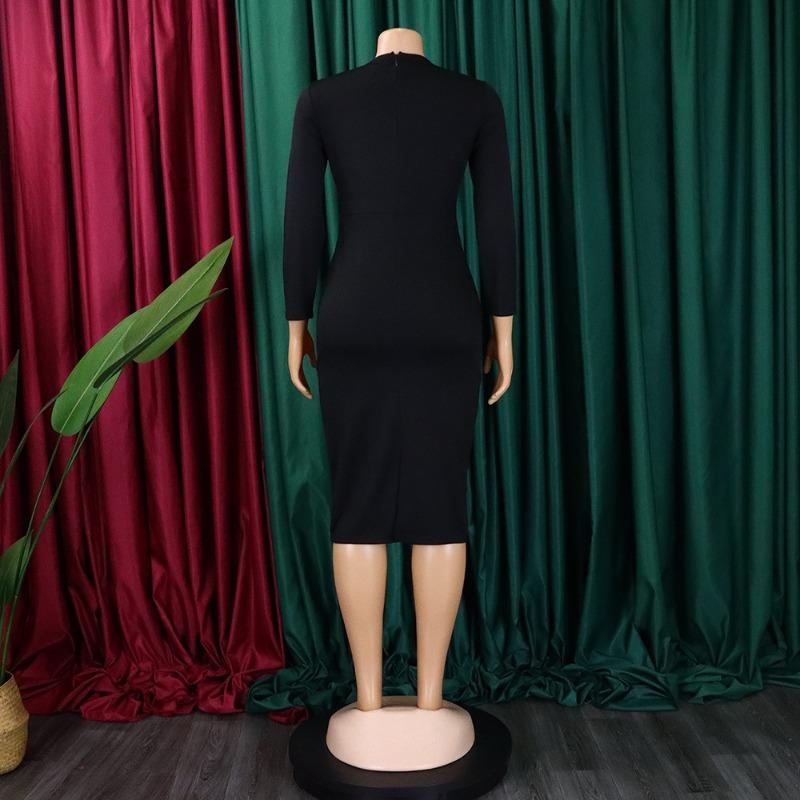 Women Elegant Office Long Sleeve High Waist Solid Bodycon Pencil Midi Dress