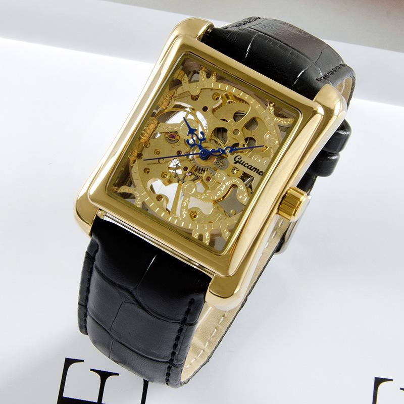 GUCAMEL Quadratische Uhr, transparente hohle mechanische Herrenuhr, manuelle mechanische Mode-Business-Gürteluhr