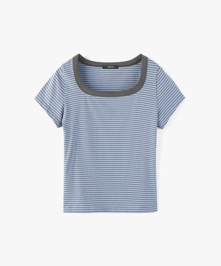 MONGDOL Square Neck Striped Short Sleeve T-Shirt Blue Mdts098Blue