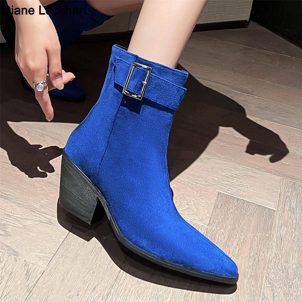Fashion New Autumn Winter Women Western Cowgirl Chelsea Boots Buckle Slip-on European Cossacks Ladies Shoes Flock High Heels Booties