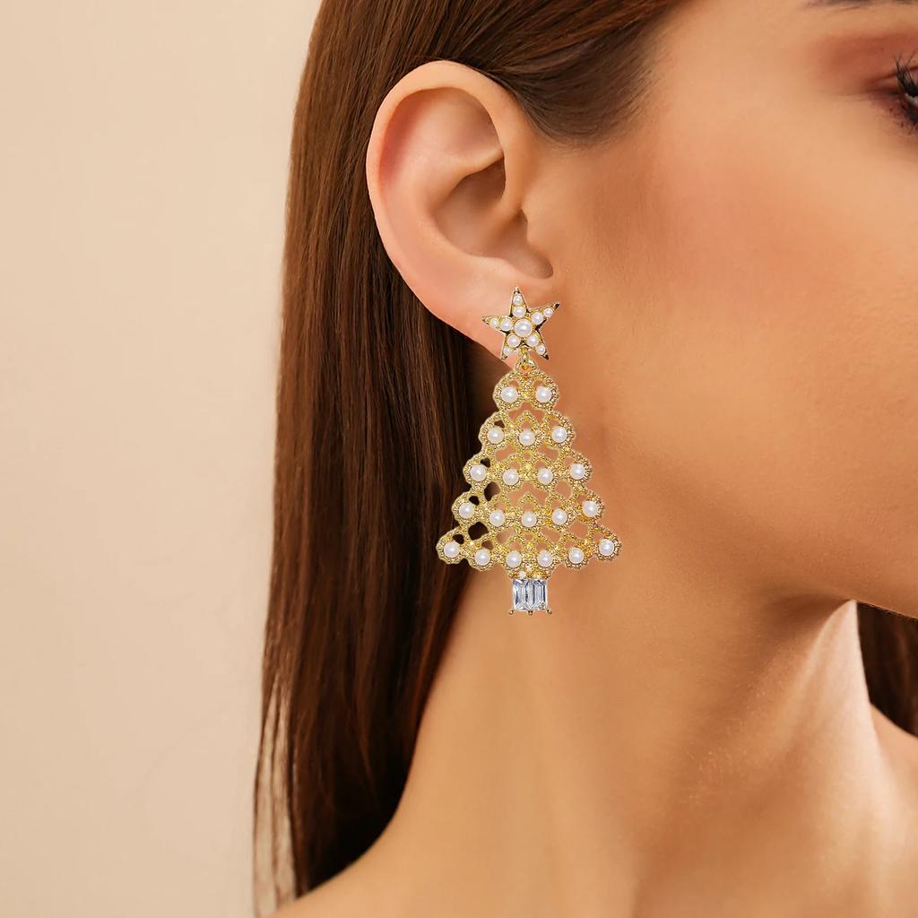 2Pc New Fashion Christmas Tree Colorful Earrings Women's Christmas New Year Party Festival Premium Pearl Earrings Jewelry
