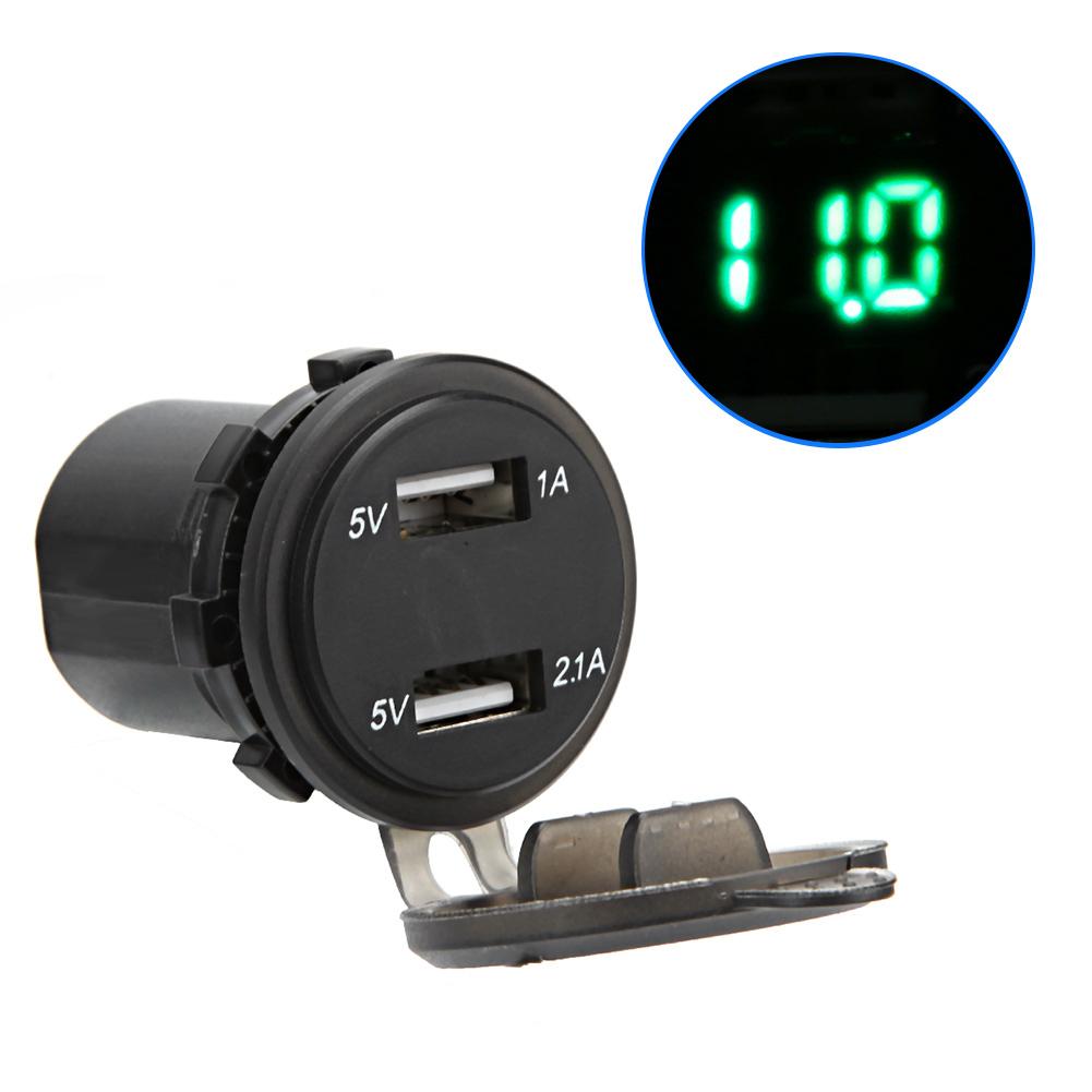 Waterproof Dual USB Phone Charging 4.2A Charger LED Digital Display Voltmeter with 23.6in LineGreen DC12 24V