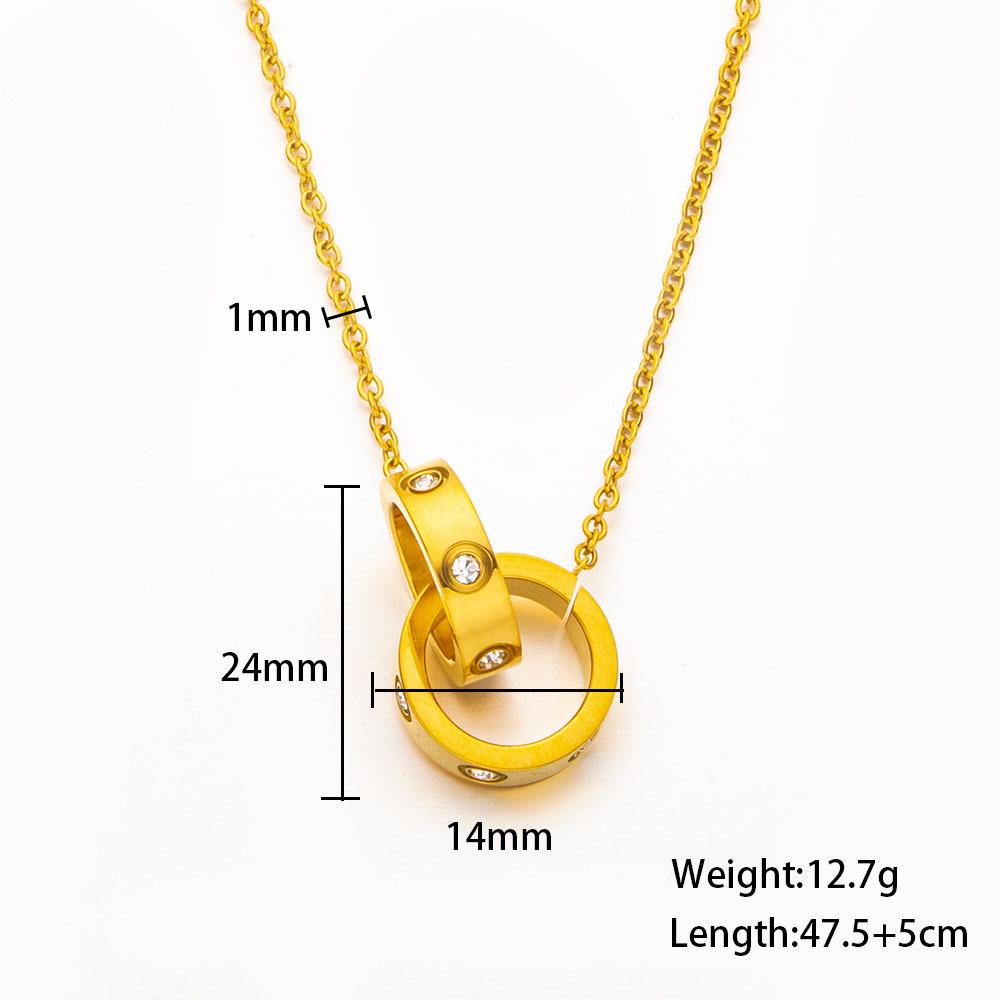 18K Gold-Plated Zirconium Titanium Steel Necklace with Double Ring Interlocking Pendant