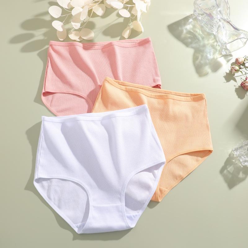 3Pcs Women Cotton High Waist Underwear Breathable Striped Panties Female Plus Size Solid Color Briefs Comfortable Lingerie S-XXL