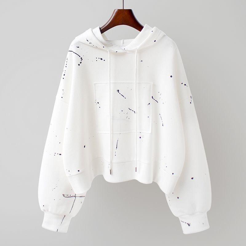 Женская однотонная толстовка американской версии с нерегулярным принтом, на шнурке, пэчворк-дизайн, женская кофта, осень, свободная, повседневная, удобная, женский топ XL белый