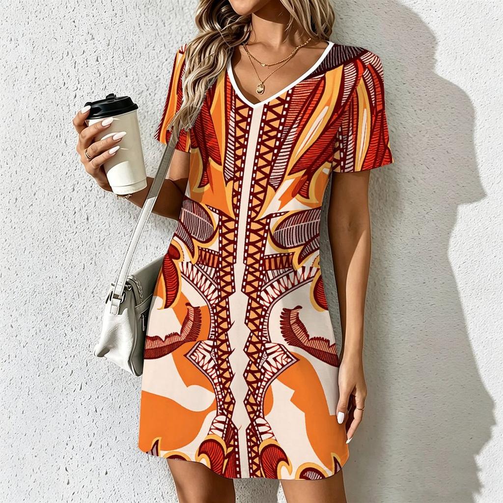 Summer Fashion Women's V Neck Short Sleeve Retro Geometric Pattern Printed Dress Sex Short Skirt Dresses