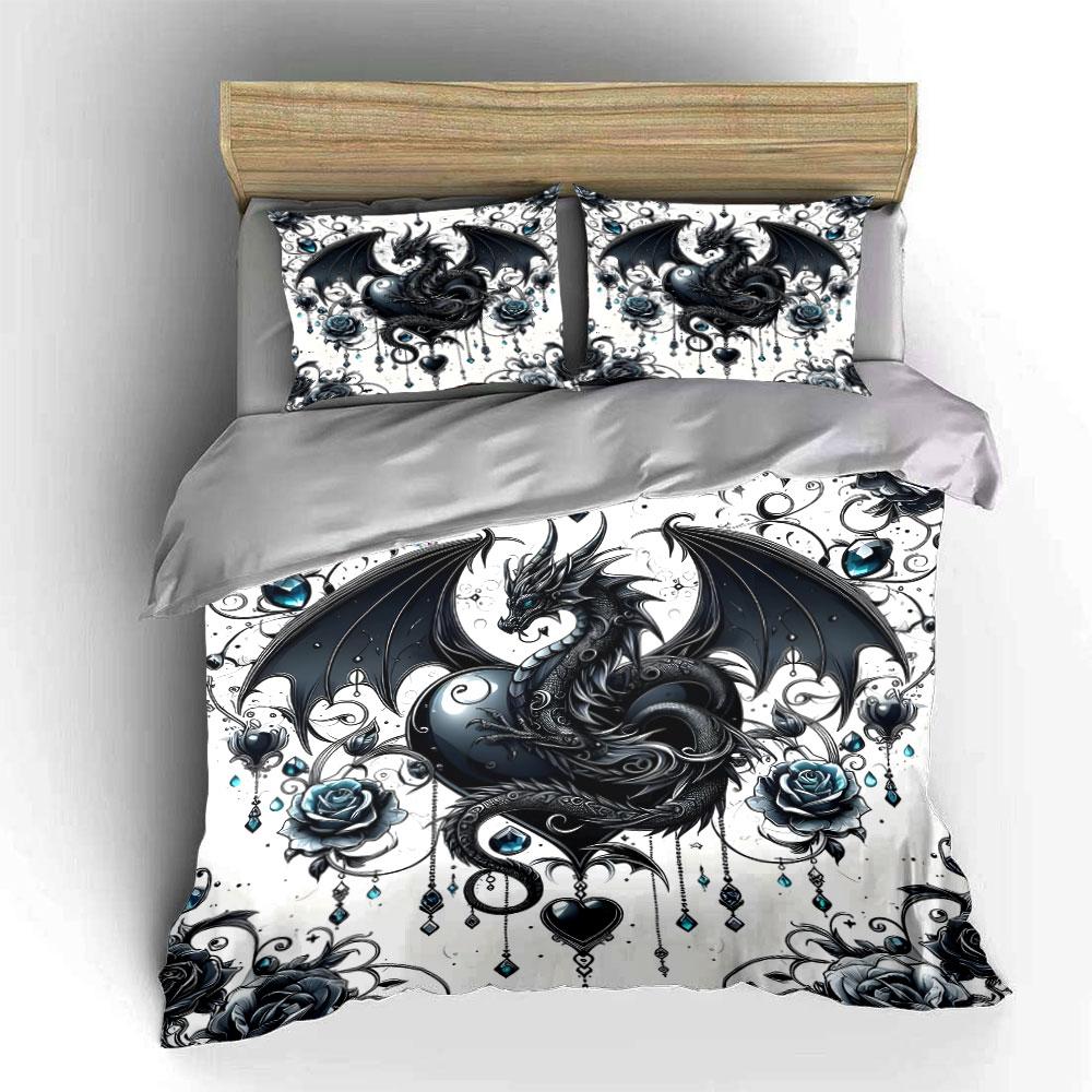 "Dragon Rose Gothic Art Decor" Soft Skin-Friendly Bedding Set Includes 1 Duvet Cover And 2 Pillowcase Gift
