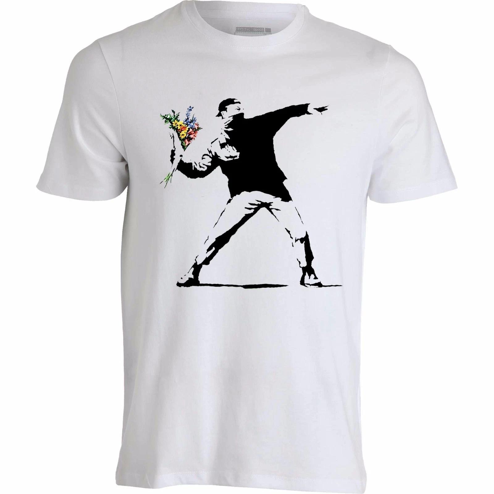 Banksy Street Art Flowers Molotov Riot Grey White Printed Cotton T-shirt 100