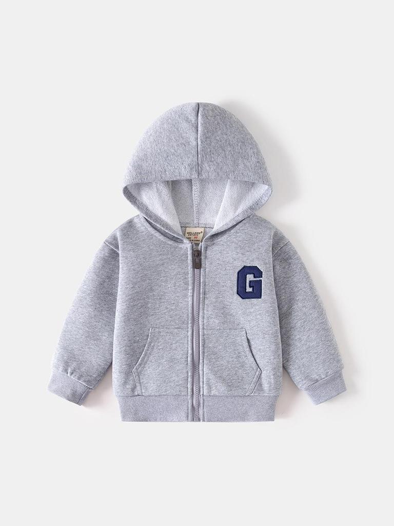 Kids' 2025 Hooded G Letter Zip-Up Jacket - Solid Color Korean Style Sweatshirt