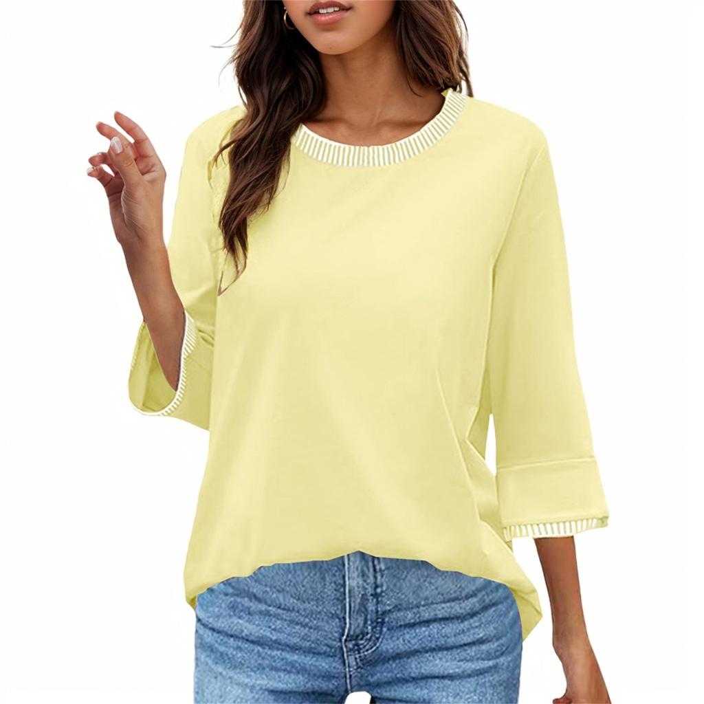 Women's Fashion Casual Threaded Round Neck Seven Points Flare Sleeve T-Shirt Top
