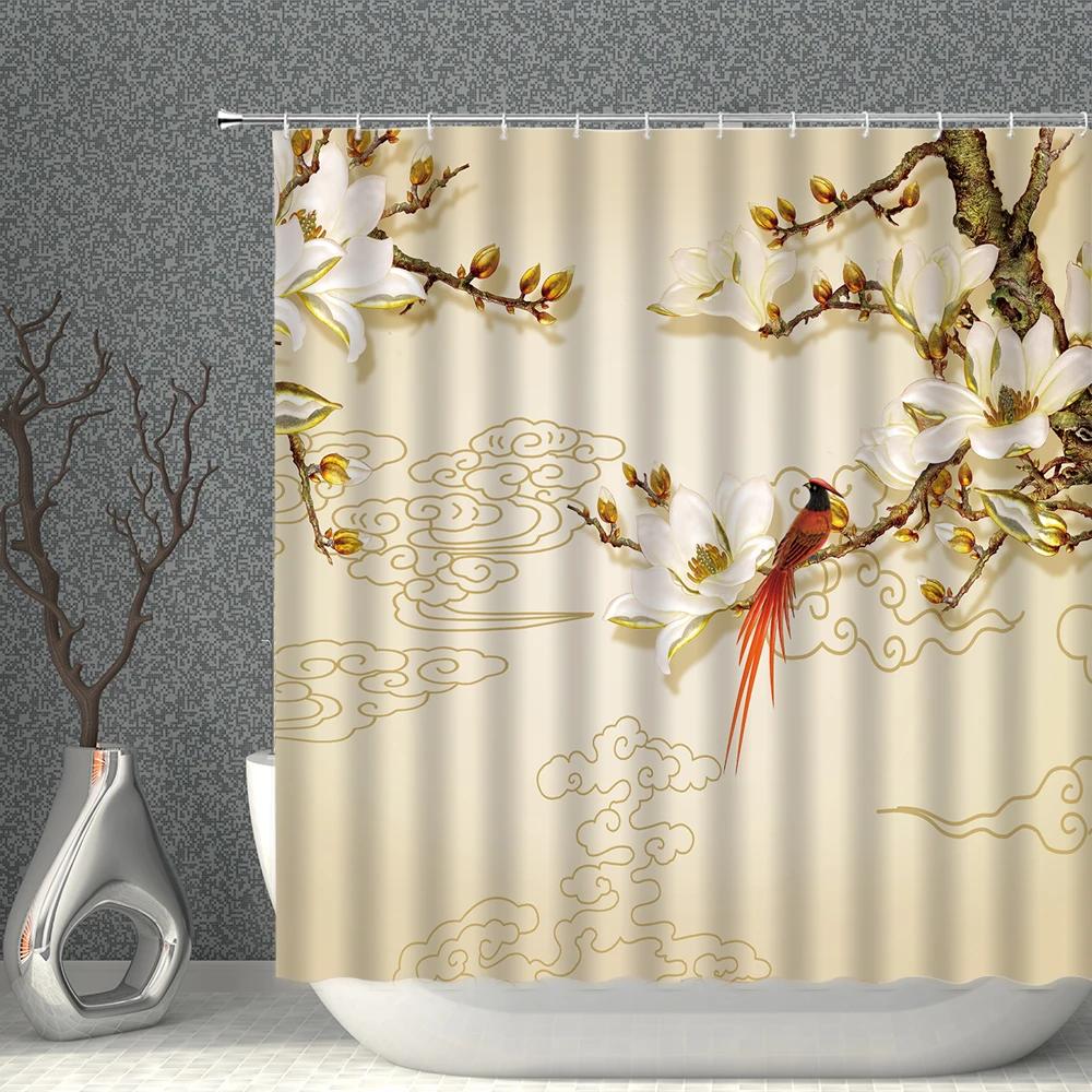 Chinese Style Shower Curtains Waterproof Fabric Flower Bird Eagle Horse Bathroom Curtain With Hooks Bath Screen Home Decoration
