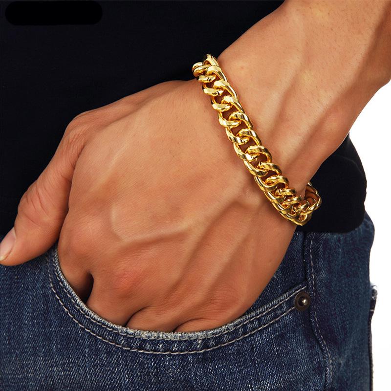 Men’s 18K Gold Cuban Link Bracelet: Trendy, Smooth, Shiny, Hip-Hop Inspired for Street Dance