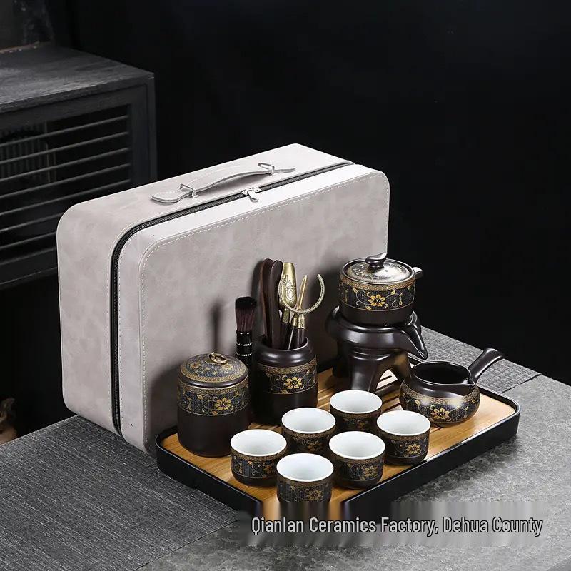 Home Tea Set: Anti-Scald Teapot, Ceramic Gongfu Cups, Stone Mill Semi-Automatic Brewer