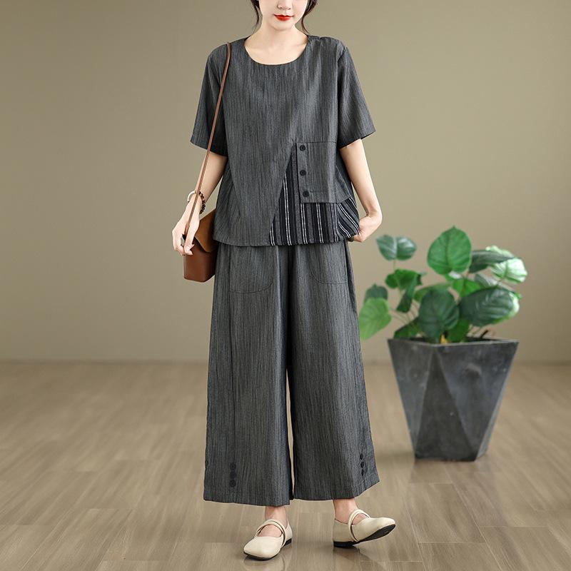 Summer 2026 Artistic Casual Set: Striped Patchwork T-shirt & Elastic Waist Wide-Leg Pants 2X Large