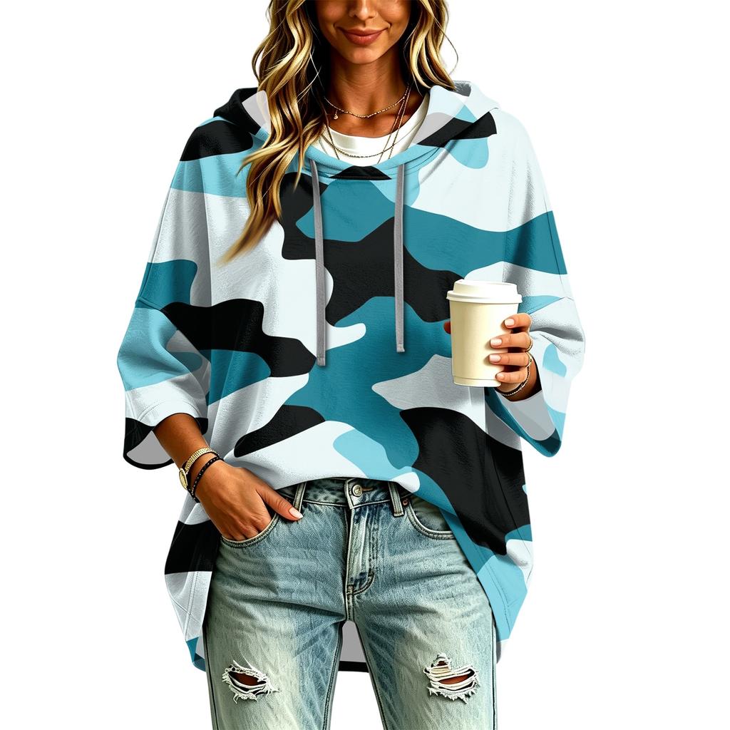 Women's Casual Camouflage Print Hooded Pullover Top with Three-Quarter Sleeves