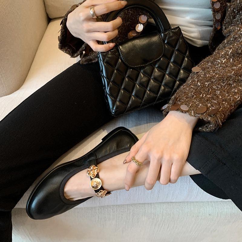 Badge Buckle Ballet Shoes Women's Single Shoes Flat Leather Mary Jane Shoes