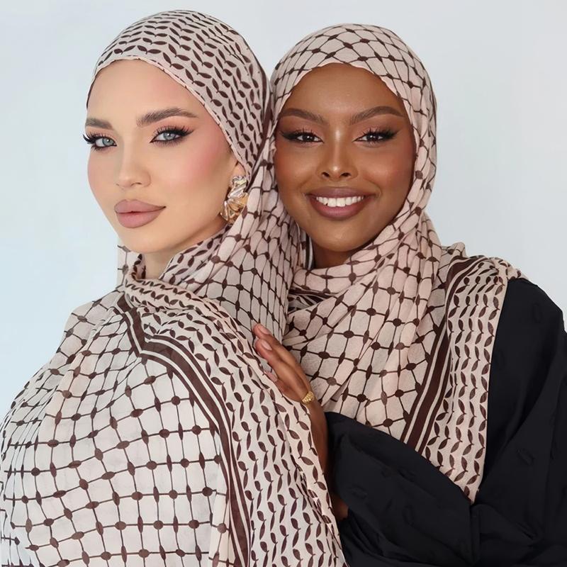 2Pcs Arab Chiffon Scarf Women Muslim Hijab Islamic Scarves Shawl Printed Arab Long Prayer Scarf Breathable Uae Plaid Long Scarf
