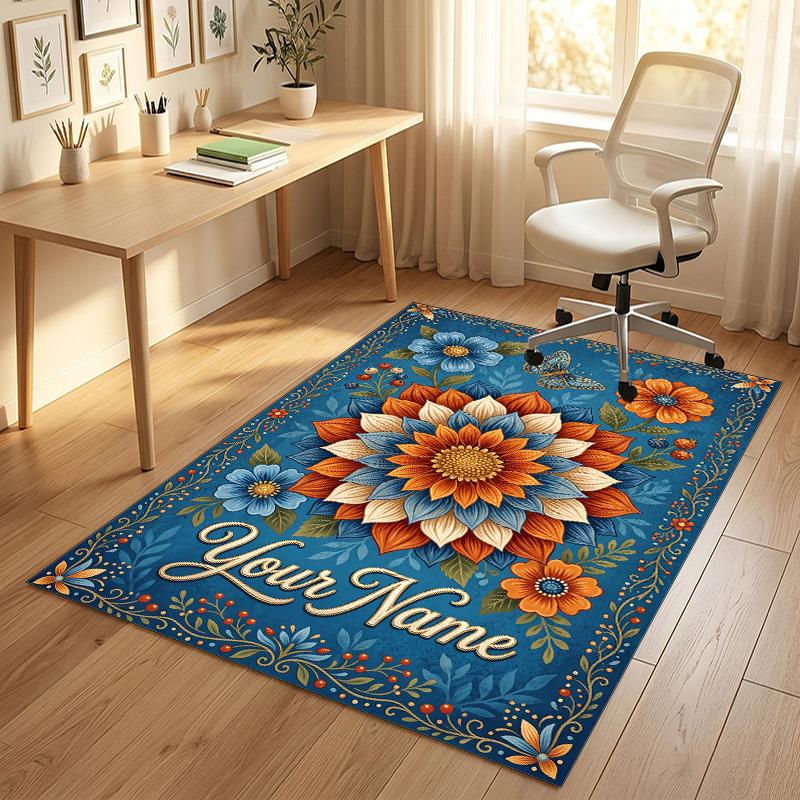 Floral Theme Soft Crystal Velvet Rug Custom Name & Text Print Non Slip Floor Rug for Bedroom Living Room