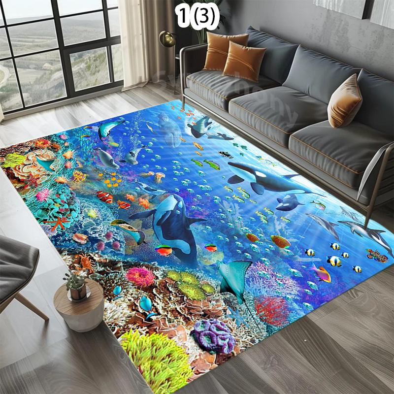Underwater World Fish School Printed Carpet Dolphin Coral Carpet Bedroom Living Room Kitchen Decoration Rug