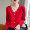 2024 Autumn Women's V-neck Lace Trim Knitted Sweater