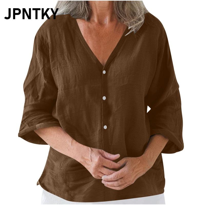 JPNTKY Women's Fashion Casual Solid Color Print 3/4 Sleeves V Neck Blouses & Shirts