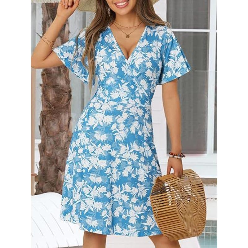 Popular, Summer Floral Short Sleeve Wrap V-Neck A Line Midi Dress