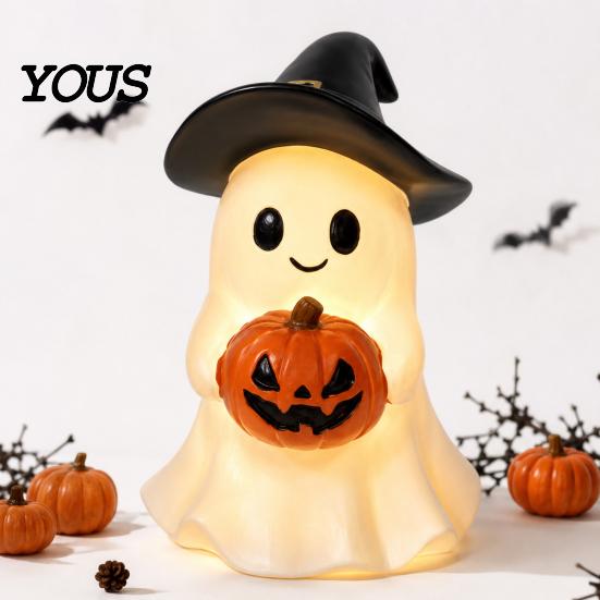 Halloween Ghost Figurine Figurine, Cute Resin Holding Pumpkin Whimsical Statue for Desk Tabletop Indoor Home Decor Healing Room Accessory