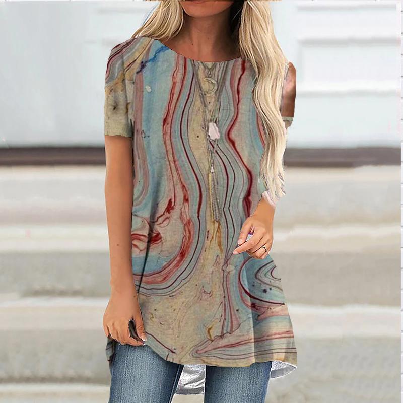 

Женская удобная футболка с короткими рукавами и круглым воротником размера плюс, розовая река, повседневные мешковатые футболки средней длины для женщин 6XL