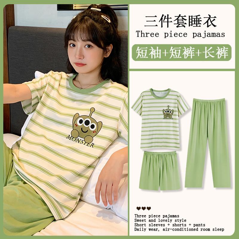 Summer Korean Sweet Pajamas Women's Crew Neck Short-sleeved Three-piece Comfortable Women's Loungewear Spot Straight Hair