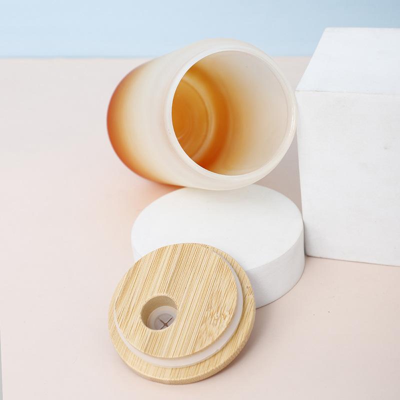 16oz Water Bottle with Straw Juice Glass Beer Can Gradient Color Milk Mocha Cup with Bamboo Wooden Lid Household Drinking Cups