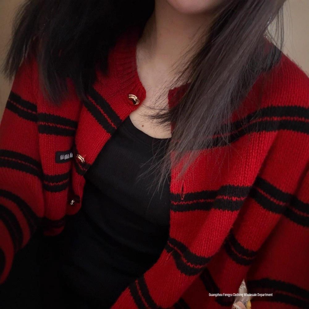 MIU Czerwony Pasiasty Dzianinowy Kardigan Damski - Patch z Listem Świątecznym Luźny Top Jesienno-Zimowy