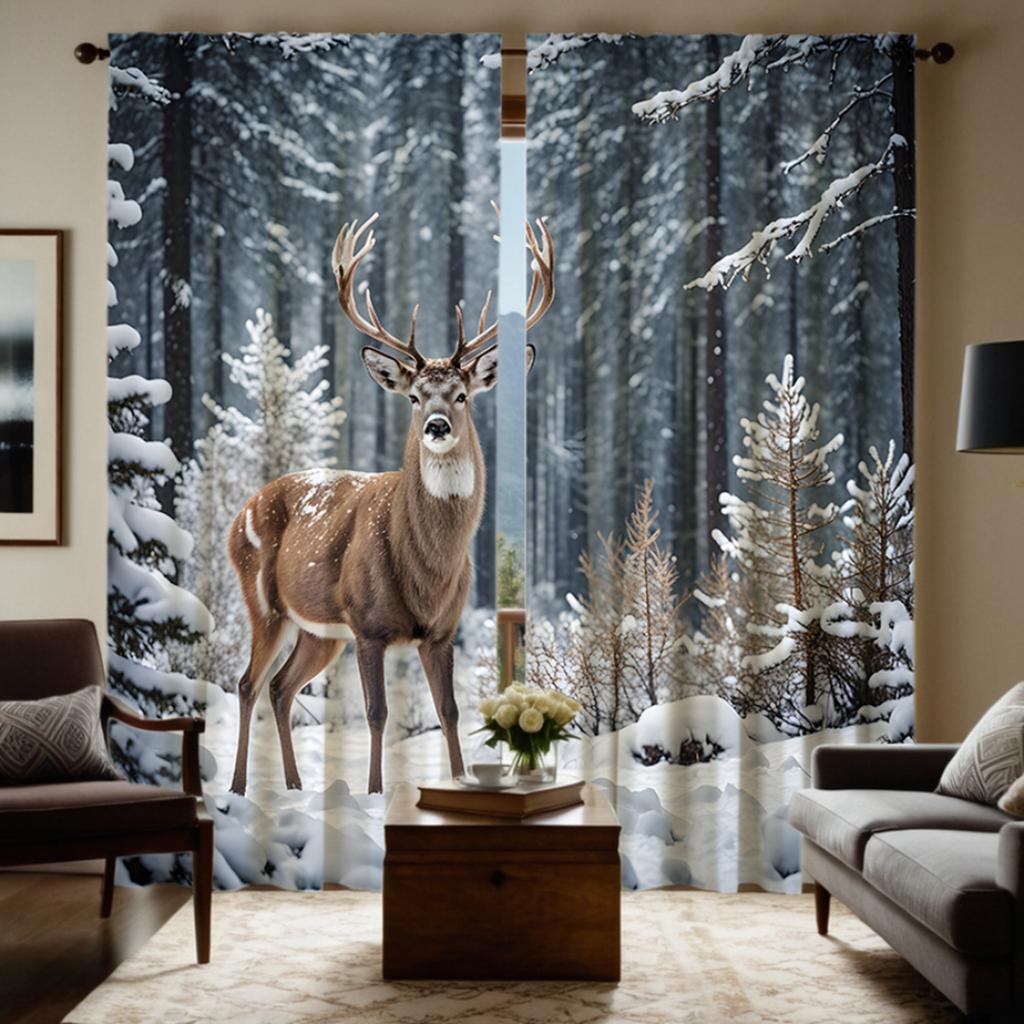 2 Pieces of HD Forest Snow Scenery Elk Decorative Curtain Green Digital Printed Curtain Home Decoration Style Decoration Living