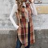 Women Long Vest with Breast Pockets Plaid Print Turn-down Collar Single-breasted Mid Length Waistcoat Loose Caerdigan Outerwear for Daily