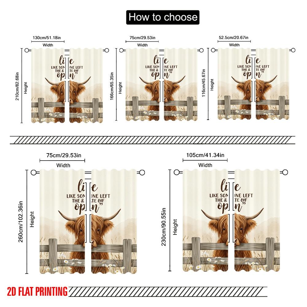 Flat Printing Window Treatment Curtains Highland Cow Gate Open Polyester Fabric Without Electricity Festive Holiday Use Curtain Set Of 2 Made Washable