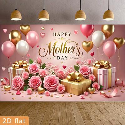 2D Happy Mother's Day Photography Backdrop, Soft Pink Rose Balloon Background for Party Decoration